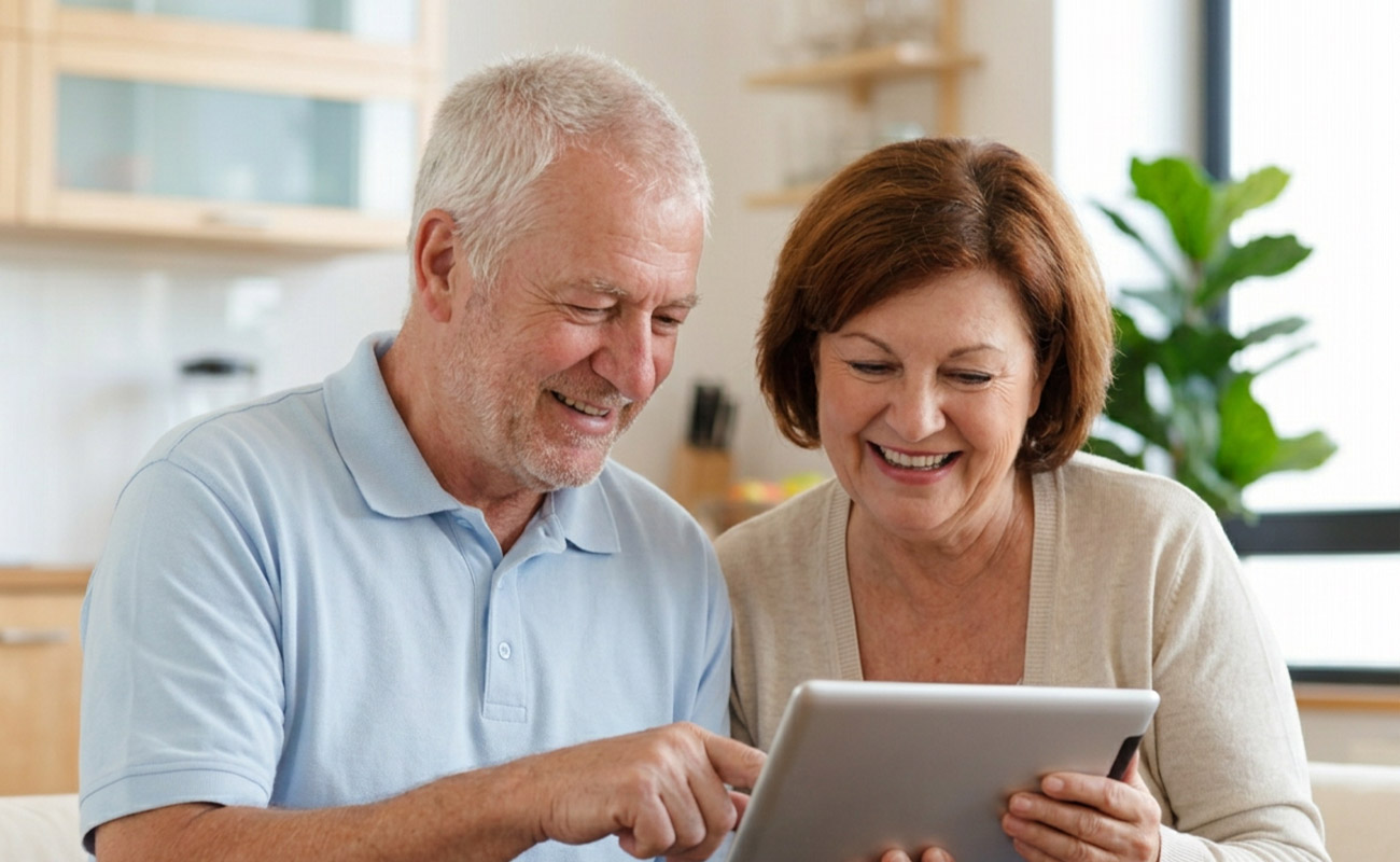 Älteres Paar füllt eine Onlineformular an einem Tablet aus und ist fröhlich