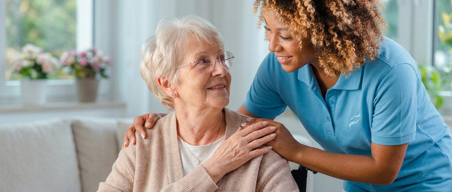 Betreuungskraft legt beruhigend die Hand auf Seniorin.